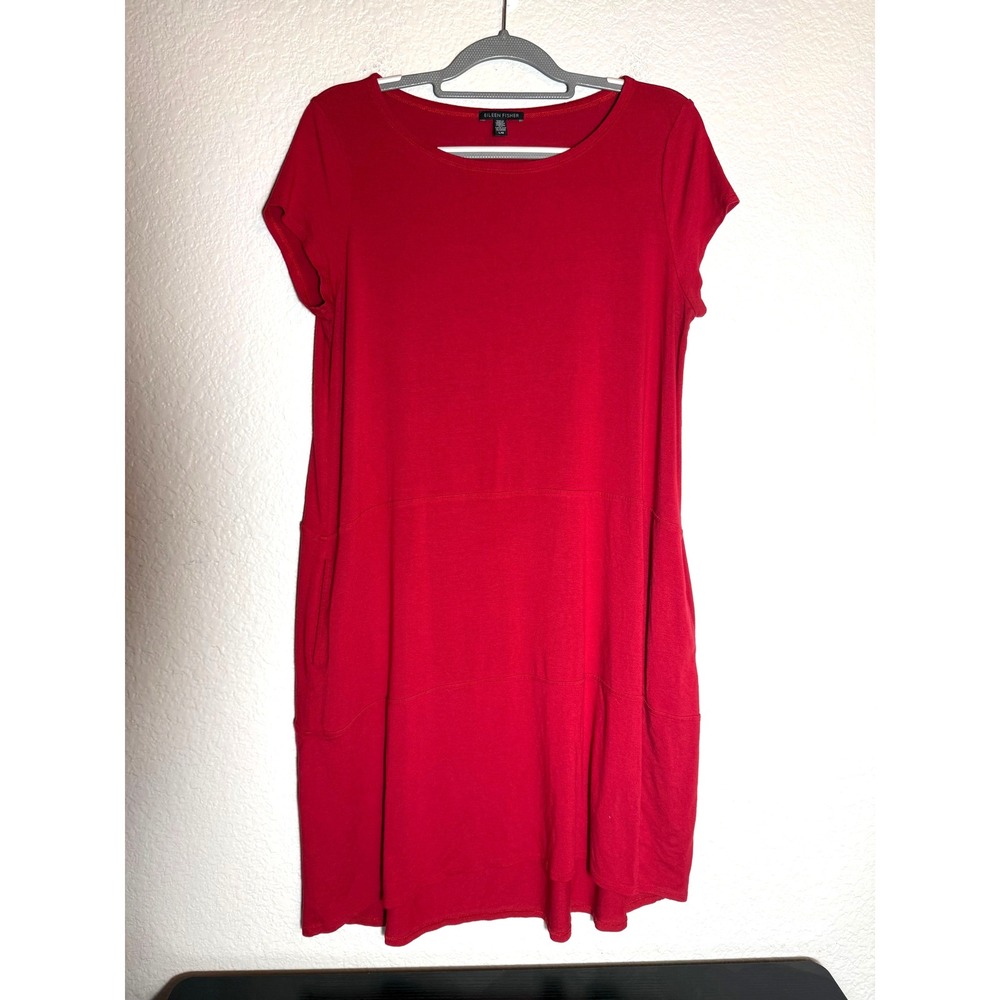 Eileen Fisher Red‎ Viscose Blend Short Sleeve Knee Length Casual Dress Large - Picture 2 of 7
